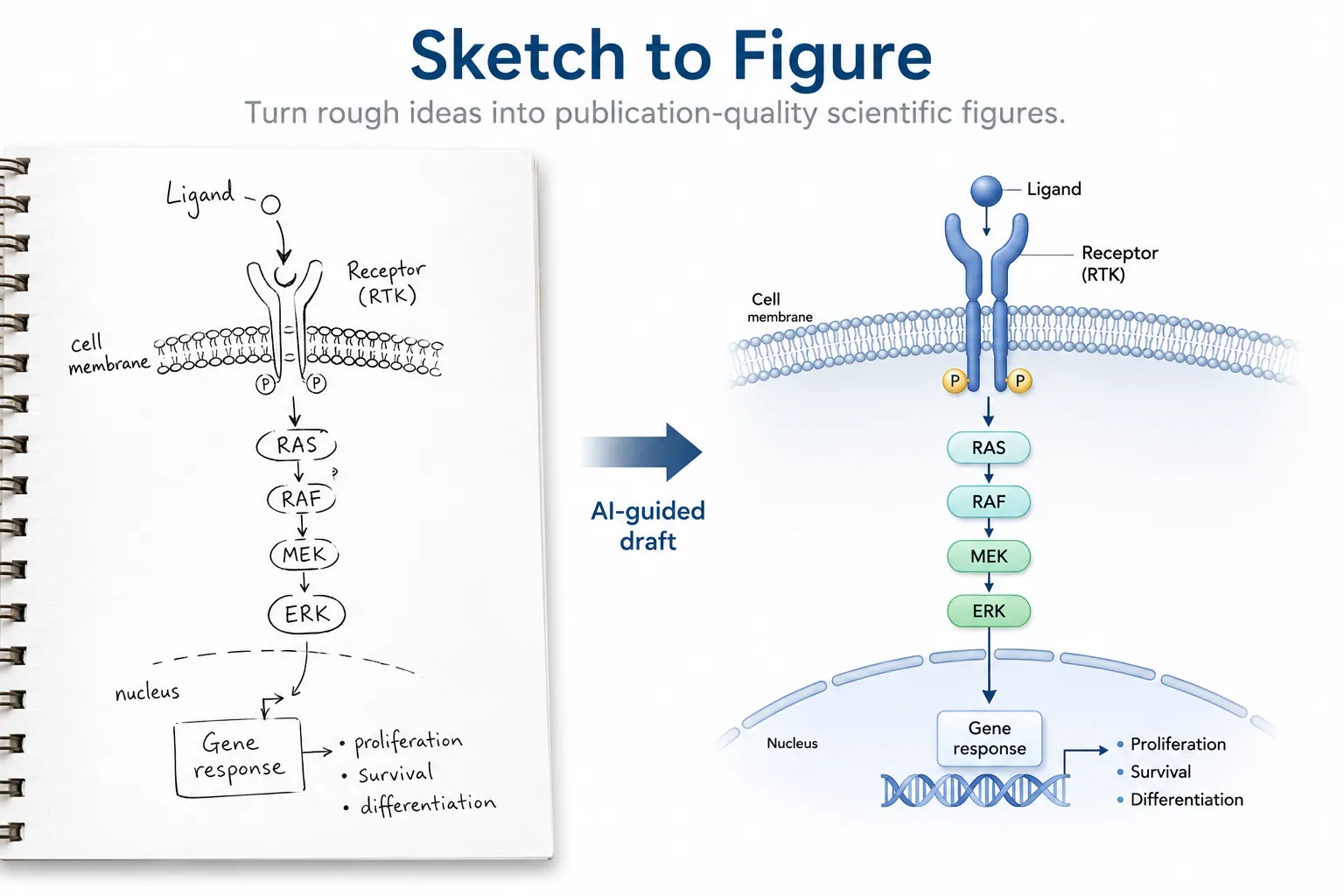 Sketch a la Figura AI flujo de trabajo del bosquejo de señalización del receptor áspero a la figura del mecanismo científico pulido
